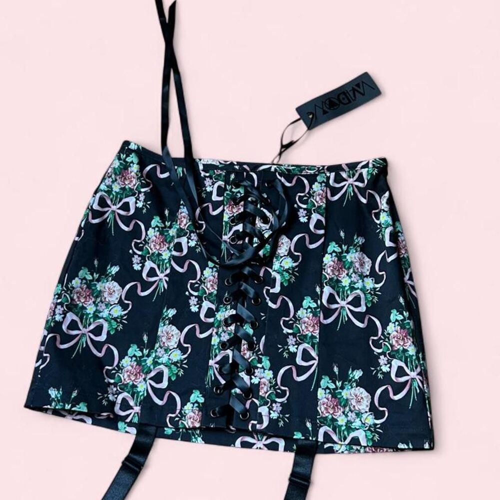 Black Floral Coquette Lace Up Mini Skirt Cotton Stretch Women's